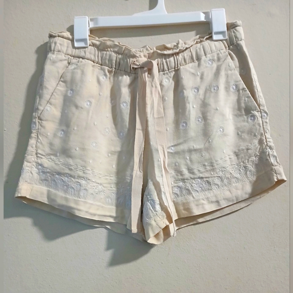 Loft Women's Cream Embroidered Linen Blend Shorts Sz M.